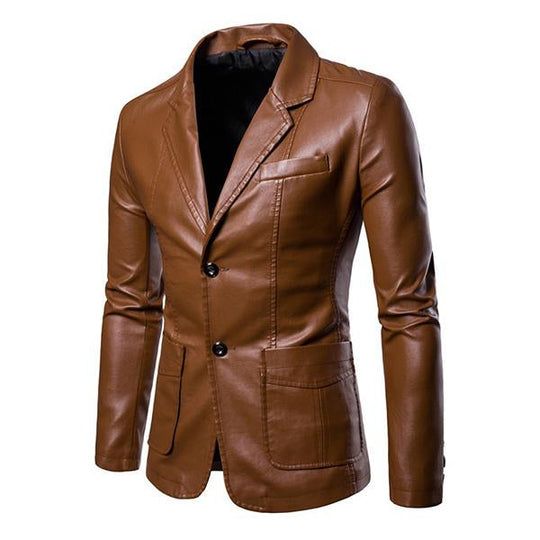 Men's Vintage Lapel Two Button Single Breasted Slim Fit PU Blazer DTT25082003
