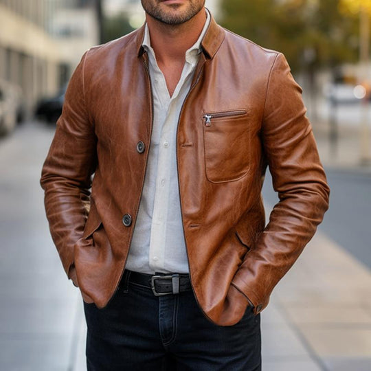 Men's Orange Two Button Leather Jacket 9266613256376