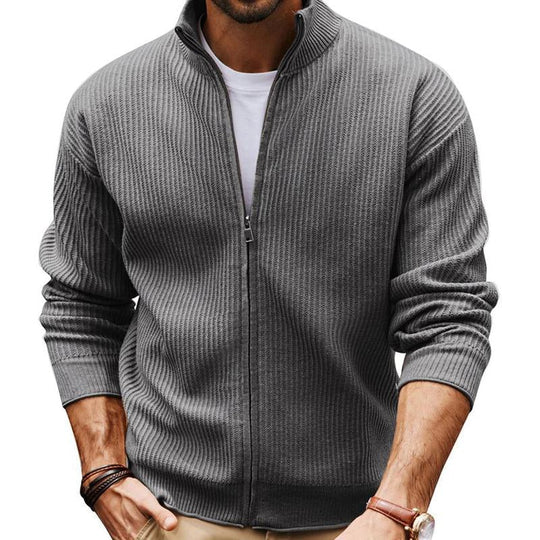 Men's Grey Stand Collar Zippered Knit Cardigan 9273155780792