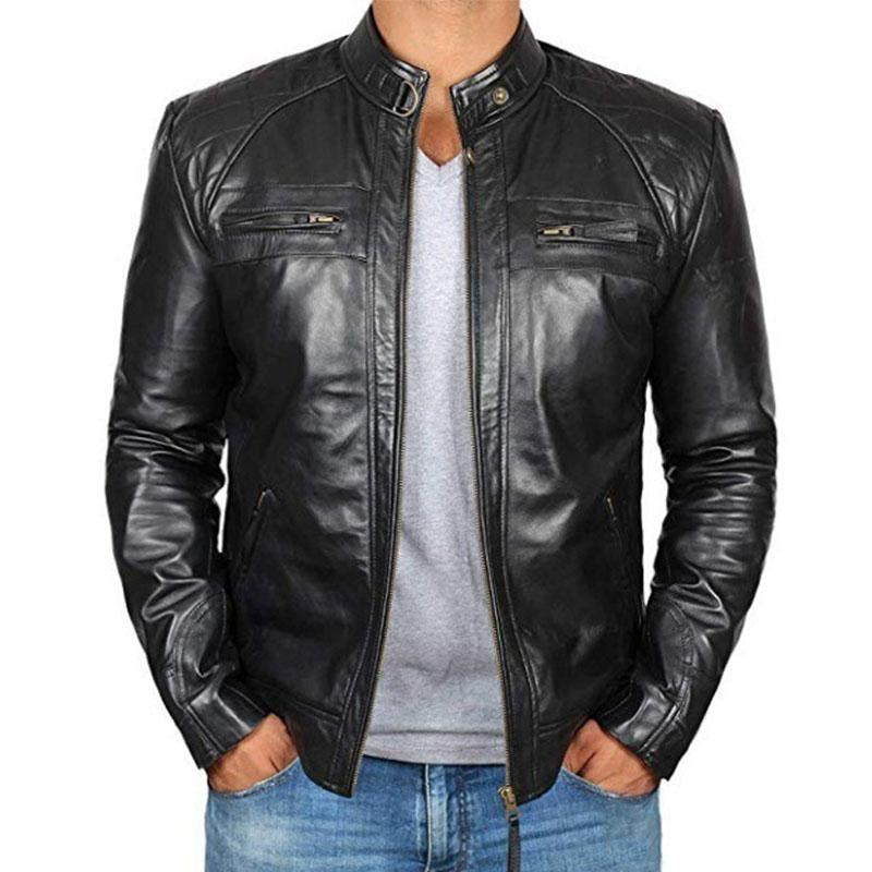 Men's Vintage Distressed Stand Collar Zip Motorcycle Leather Jacket 9261086638264