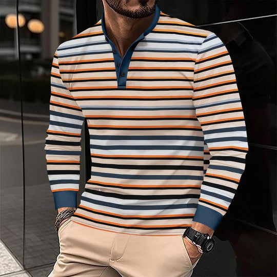 Men's Coloring Striped Henley Collar Long Sleeve T-shirt 9261142048952