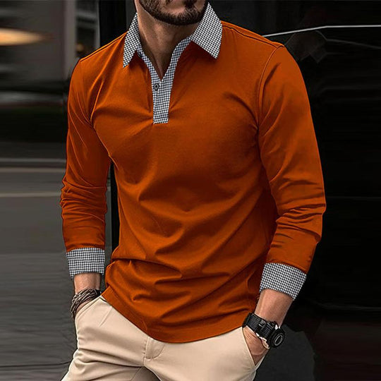 Men's Casual Plaid Patchwork Long-Sleeved Polo Shirt DTT25082009