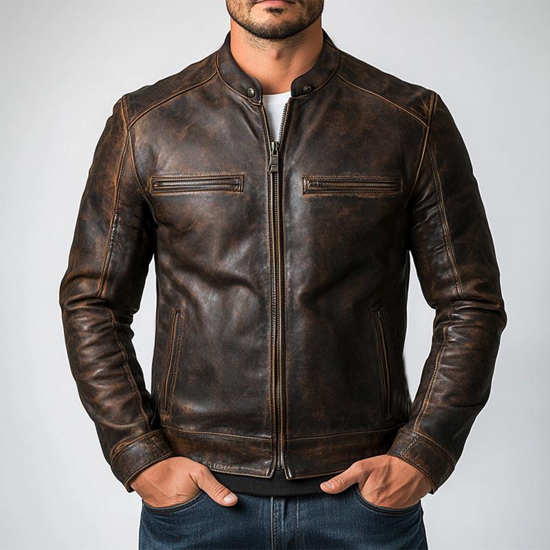Men's Vintage Distressed Zipper Leather Jacket 9274151469240