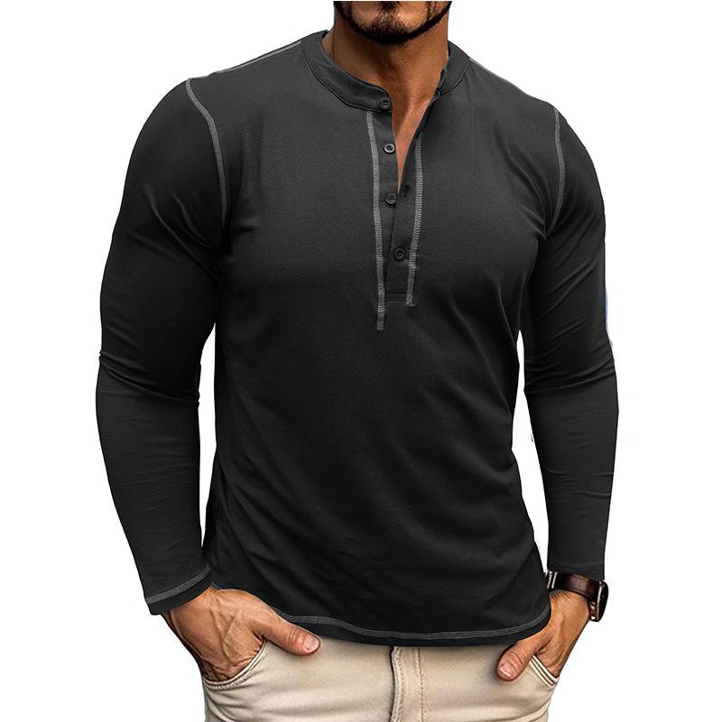 Men's Vintage Contrast Henley Collar Slim Fit Long Sleeve T-Shirt 9261136543928