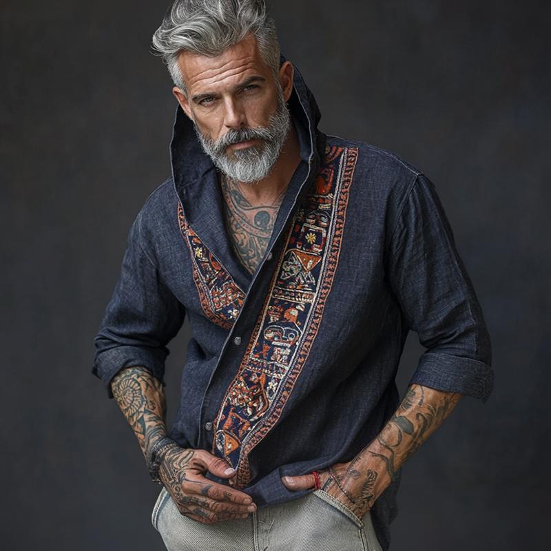 Men's Retro Casual Cotton and Linen Totem Print Long Sleeve Shirt 9879659249848