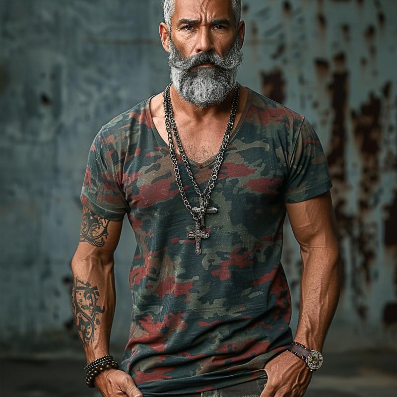 Men's Camouflage Print V-Neck Short Sleeve T-Shirt 9261127303352