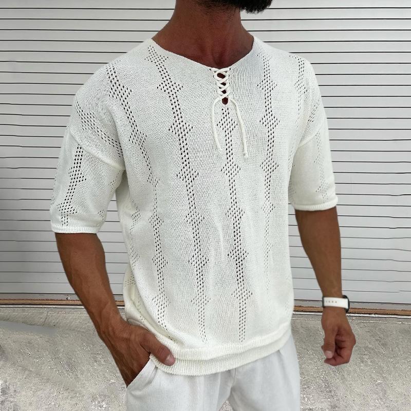 Men's Casual Thin Lace-up Round Neck Hollow Slim Short-sleeved Knitted Sweater 9262185578680