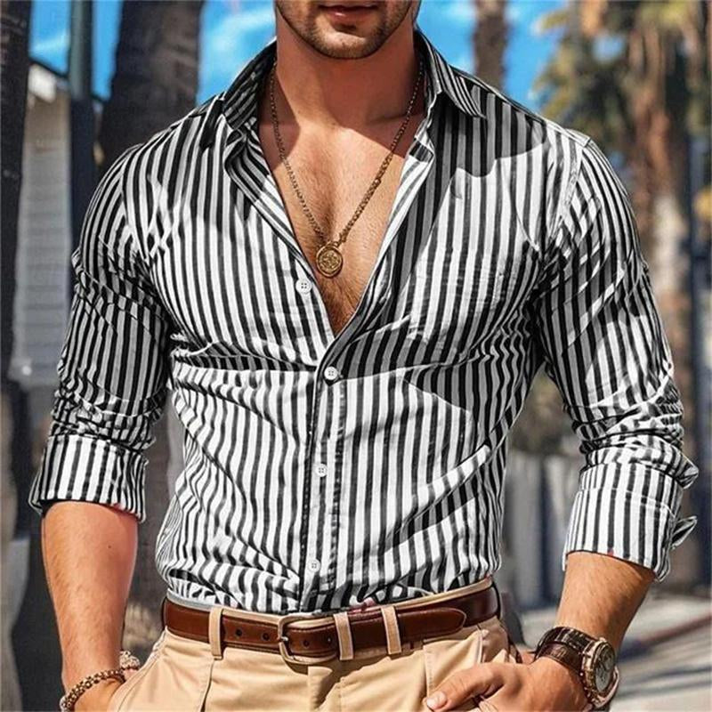 Men's Casual Striped Long Sleeve Lapel Shirt 9885320642744