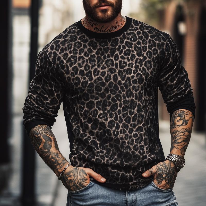 Men's Retro Casual Leopard Print Round Neck Colorblock Long Sleeve T-Shirt 9261124714680
