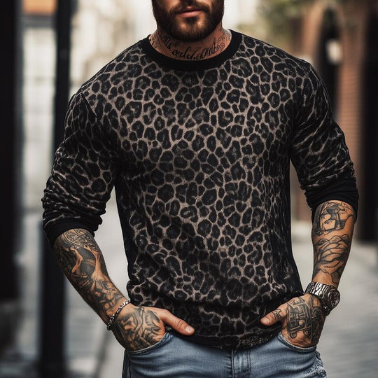 Men's Retro Casual Leopard Print Round Neck Colorblock Long Sleeve T-Shirt 9261124714680