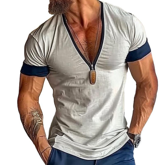 Men's Casual Cotton Blended Colorblock V Neck Short Sleeve T-Shirt 9261127205048