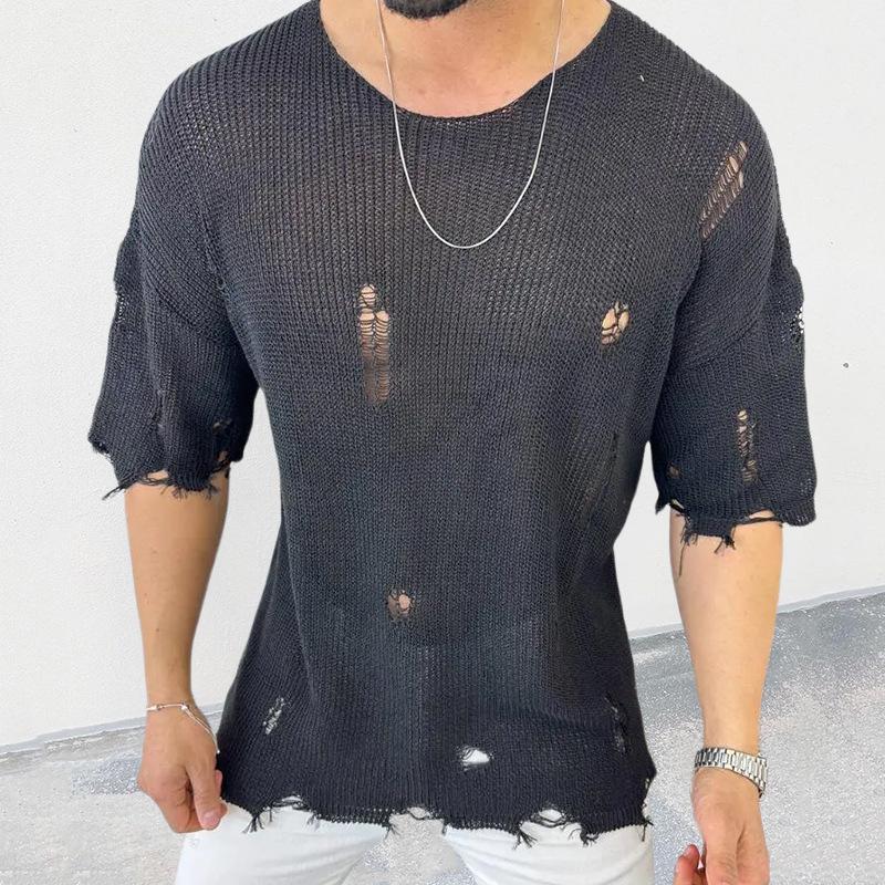 Men's Casual Round Neck Short Sleeve Hollow Knit Pullover Sweater 9262176141496