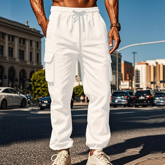 Men's Casual Solid Color Drawstring Multi-Pocket Trousers 9261764509880