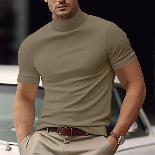 Men's Solid Color Half Turtle Neck Slim Fit Short Sleeve T-Shirt Dtt25081917