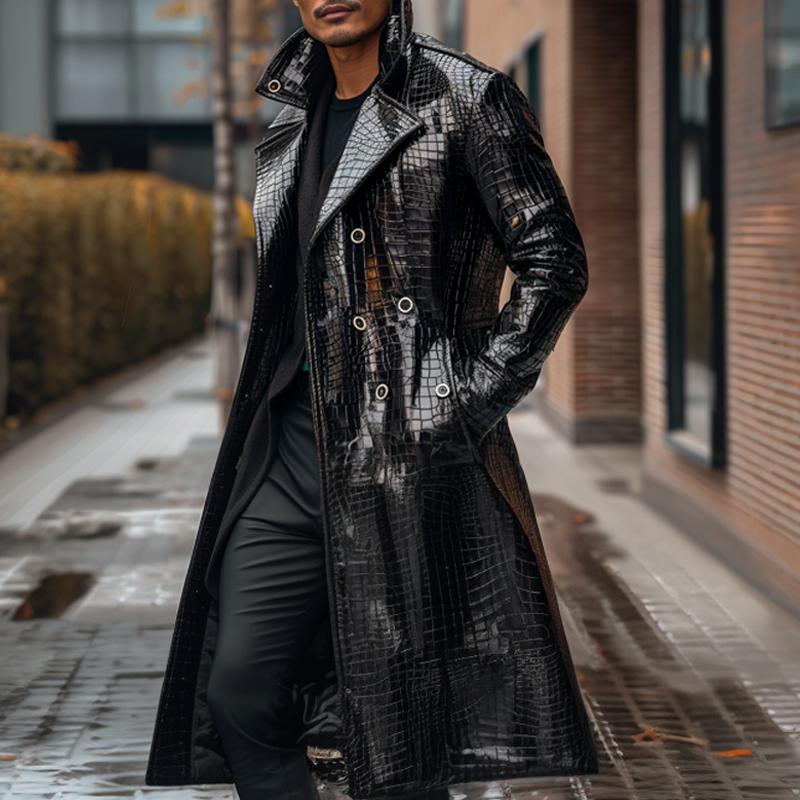 Men's Shiny Textured Leather Long Coat 9274167558328