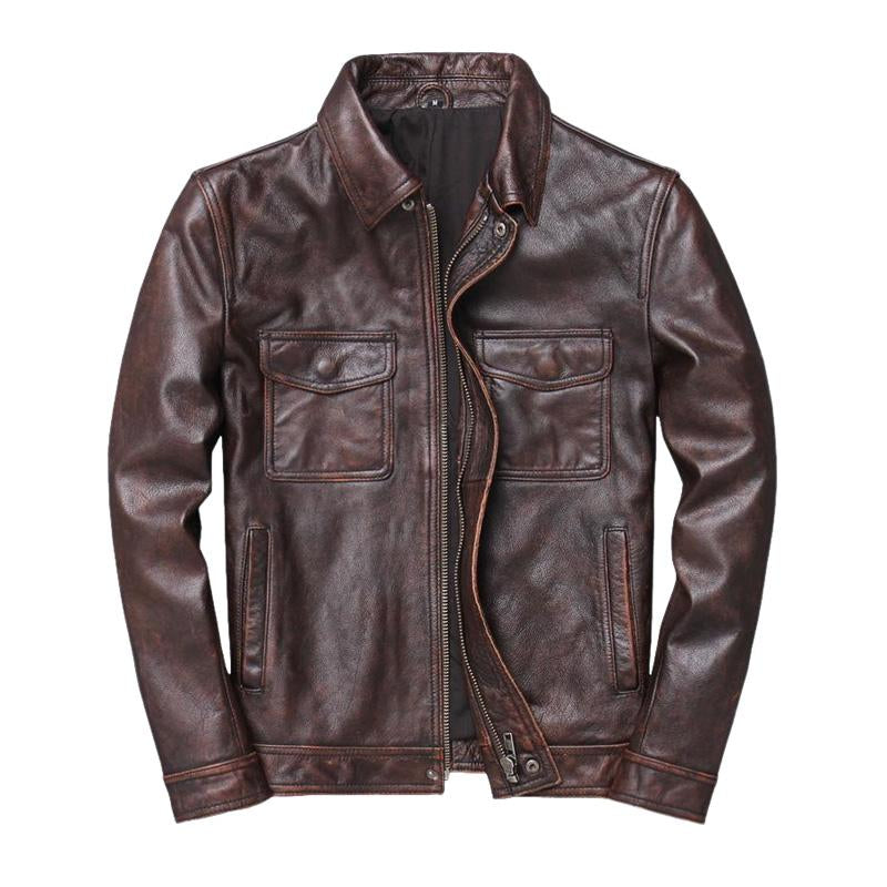 Men's Vintage Solid Lapel Leather Biker Jacket 9261086048440