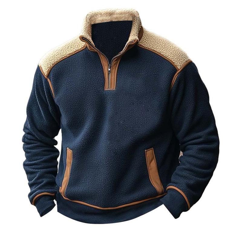 Men's Retro Stand Collar Lambswool Splicing Sweatshirt 9886818140344
