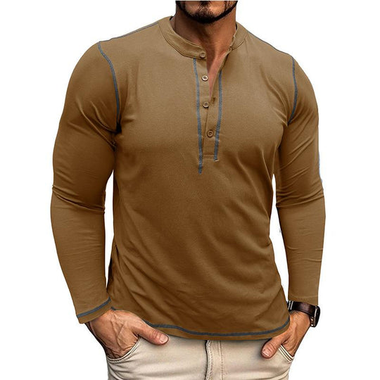 Men's Vintage Contrast Henley Collar Slim Fit Long Sleeve T-Shirt 9261136543928