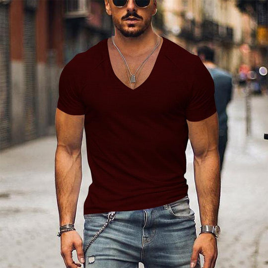 Men's Waffle Solid Color V Neck Solid Color T-Shirt Dtt25081916