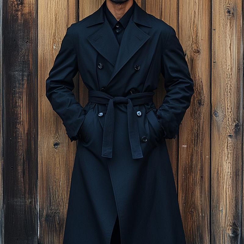 Men's Vintage Black Double Breasted Long Trench Coat 9887384174776