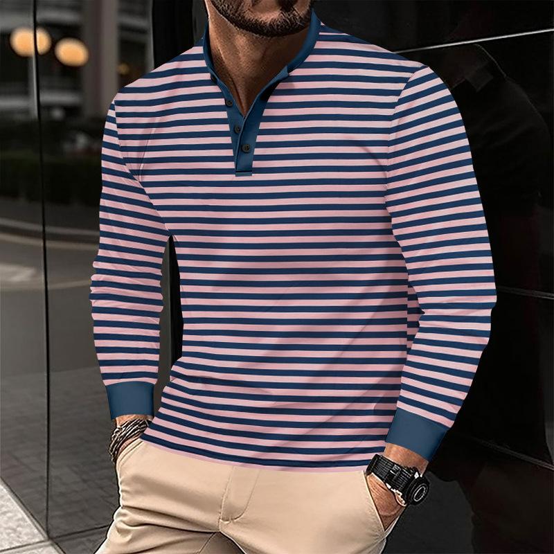 Men's Coloring Striped Henley Collar Long Sleeve T-shirt 9261142048952