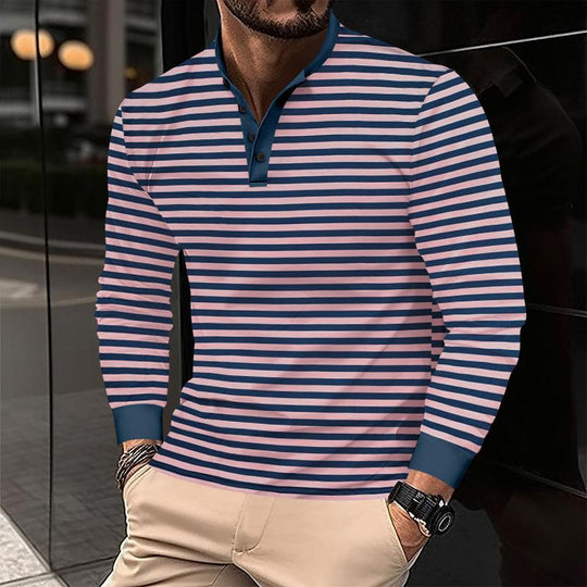 Men's Coloring Striped Henley Collar Long Sleeve T-shirt 9261142048952