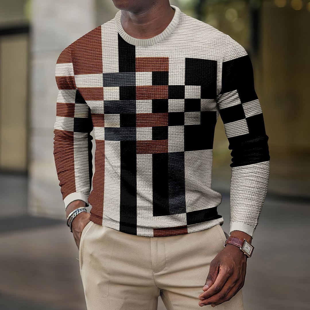 Men's Retro Casual Geometric Print Round Neck Long Sleeve T-Shirt 9261135724728