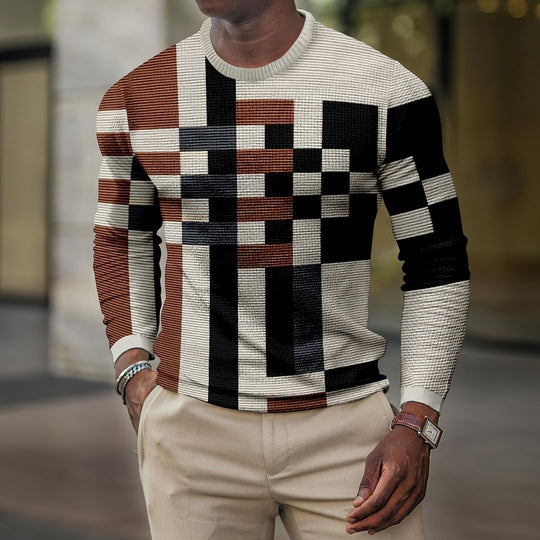 Men's Retro Casual Geometric Print Round Neck Long Sleeve T-Shirt 9261135724728