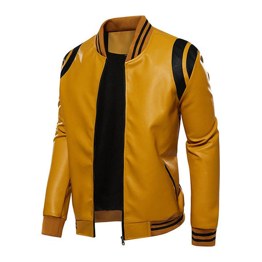 Men's Casual Color Contrasting Plush Leather Baseball Jacket 9261083295928