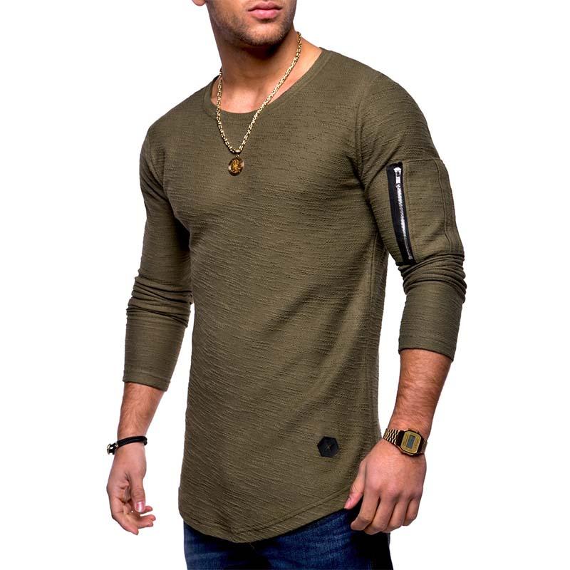 Men's Classic Casual Arm Zipper Solid Color Round Neck Long Sleeve T-Shirt 9261141885112