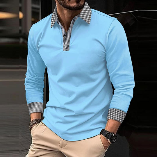 Men's Casual Plaid Patchwork Long-Sleeved Polo Shirt DTT25082009