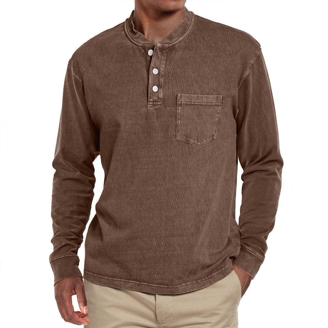 Men's Solid Henley Collar Chest Pocket Long Sleeve T-shirt 9261142278328