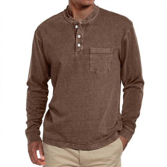 Men's Solid Henley Collar Chest Pocket Long Sleeve T-shirt 9261142278328