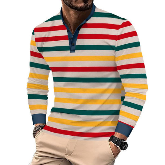 Men's Coloring Striped Henley Collar Long Sleeve T-shirt 9261142048952