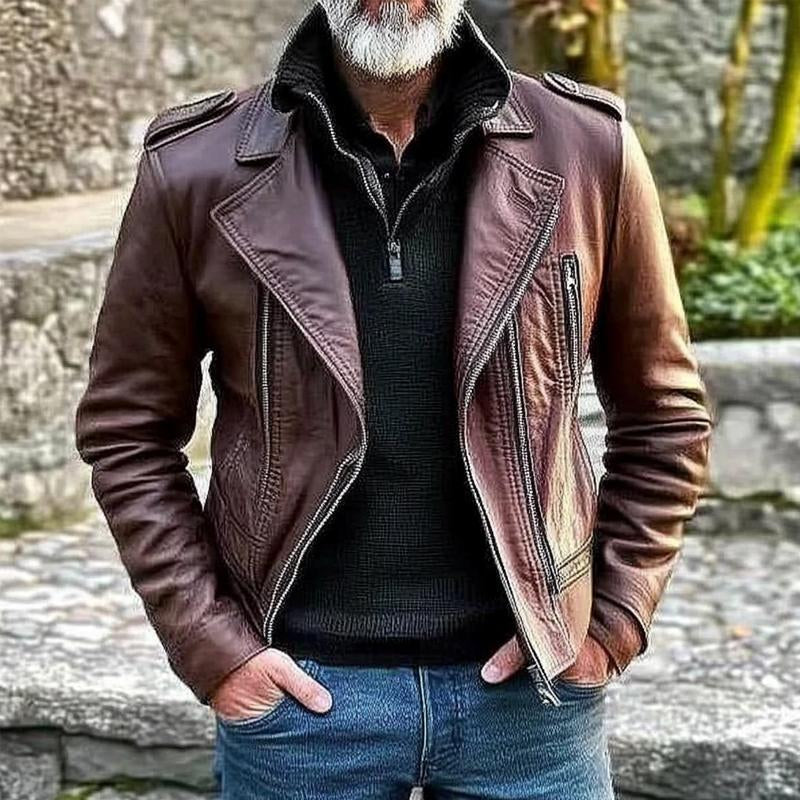 Men's Biker Solid Vintage Zip-Up Leather Jacket 9260833243320