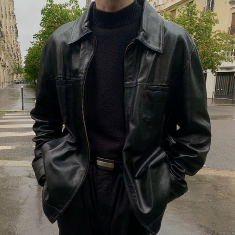 Men's Retro Casual Solid Color Lapel Leather Jacket 9261080608952