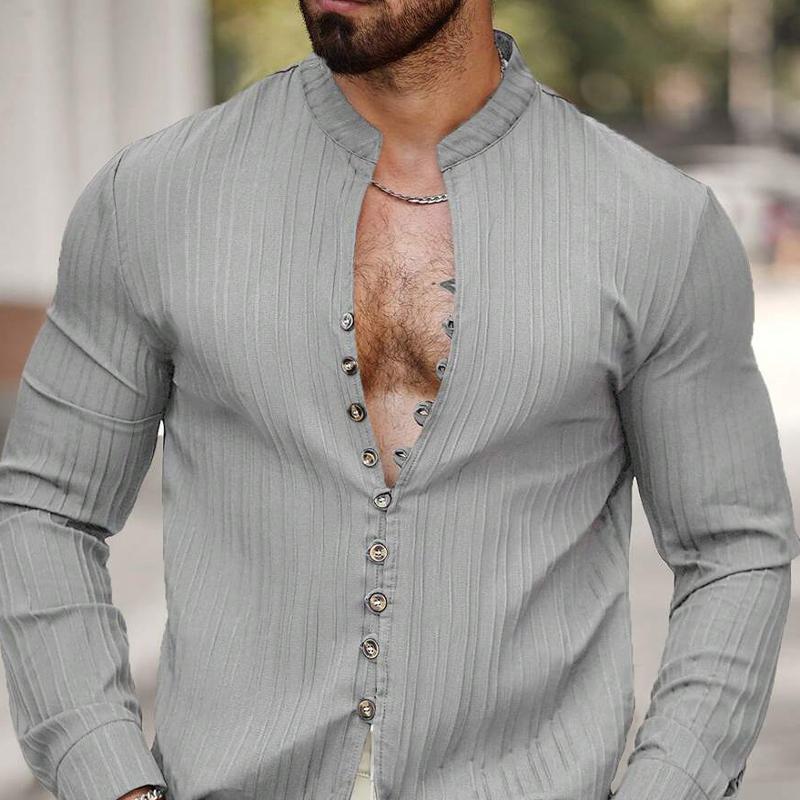 Men's Solid Color Striped Textured Stand Collar Long Sleeve Shirt 9885320675512