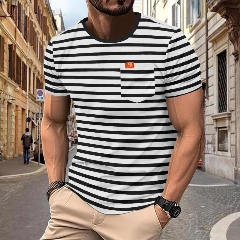 Men's Retro Striped Chest Pocket Short Sleeved T-Shirt 9261135462584