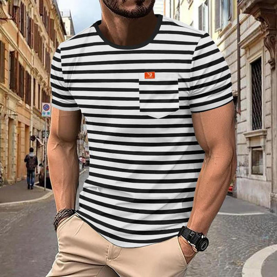 Men's Retro Striped Chest Pocket Short Sleeved T-Shirt 9261135462584