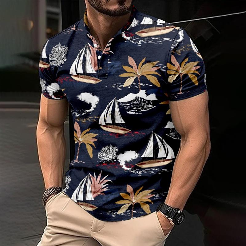 Men's Palm Hawaiian Print Button Down Short Sleeve T-Shirt 9261137068216