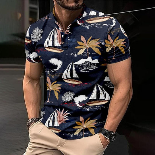 Men's Palm Hawaiian Print Button Down Short Sleeve T-Shirt 9261137068216