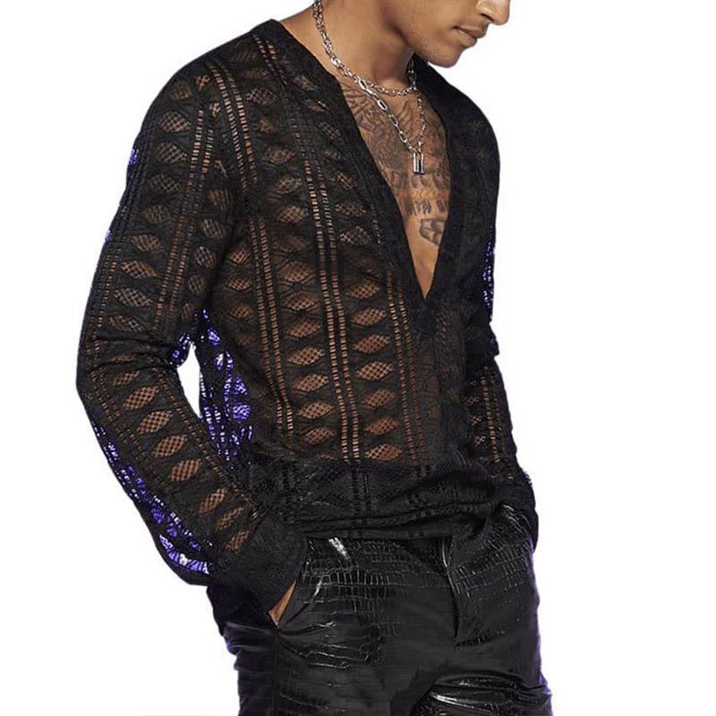 Men's Sexy Deep V-Neck Mesh Hollow Slim Long Sleeve T-shirt 9261137952952