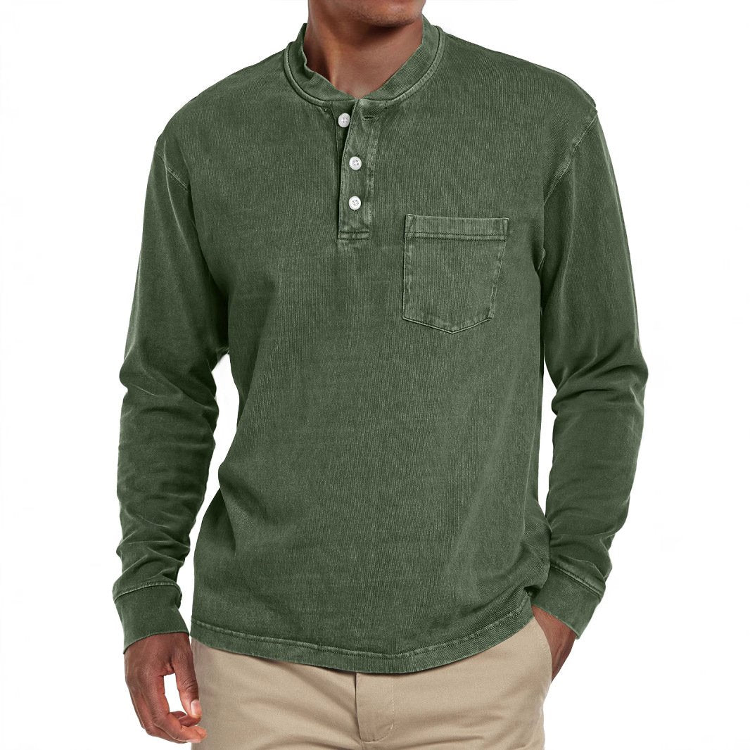 Men's Solid Henley Collar Chest Pocket Long Sleeve T-shirt 9261142278328