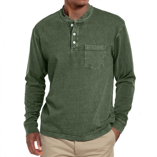 Men's Solid Henley Collar Chest Pocket Long Sleeve T-shirt 9261142278328