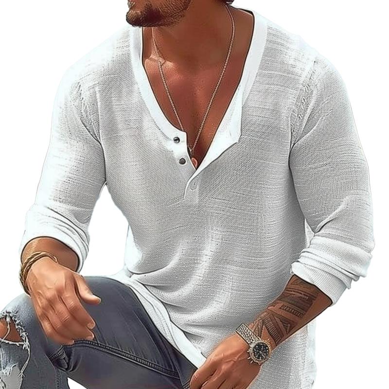 Men's Casual Cotton Linen U Neck Long-Sleeved T-Shirt 9261117407416