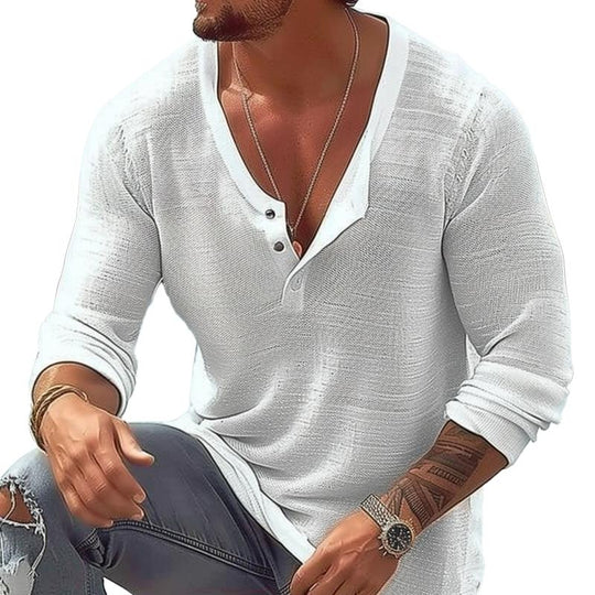 Men's Casual Cotton Linen U Neck Long-Sleeved T-Shirt 9261117407416
