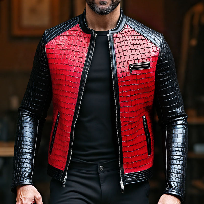 Men's Stylish Stand Collar Zipper Stone Pattern Leather Jacket Dtt004997304