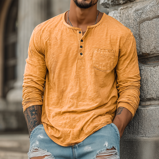 Men's Spring And Summer Casual Tough Style Henry Collar Bamboo Cotton Long Sleeve T-Shirt DTT25082007