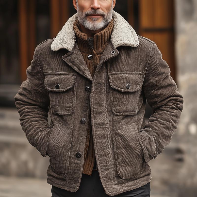 Men's Fleece Lapel Corduroy Multi-pocket Single Breasted Cargo Jacket 9879659806904