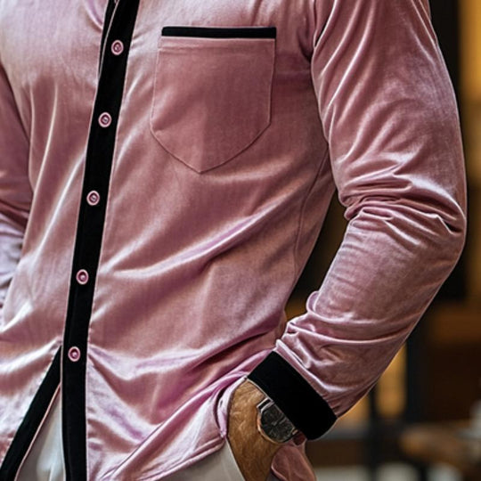 Men's Retro Casual Contrast Color Velvet Long Sleeve Shirt 9883358953656